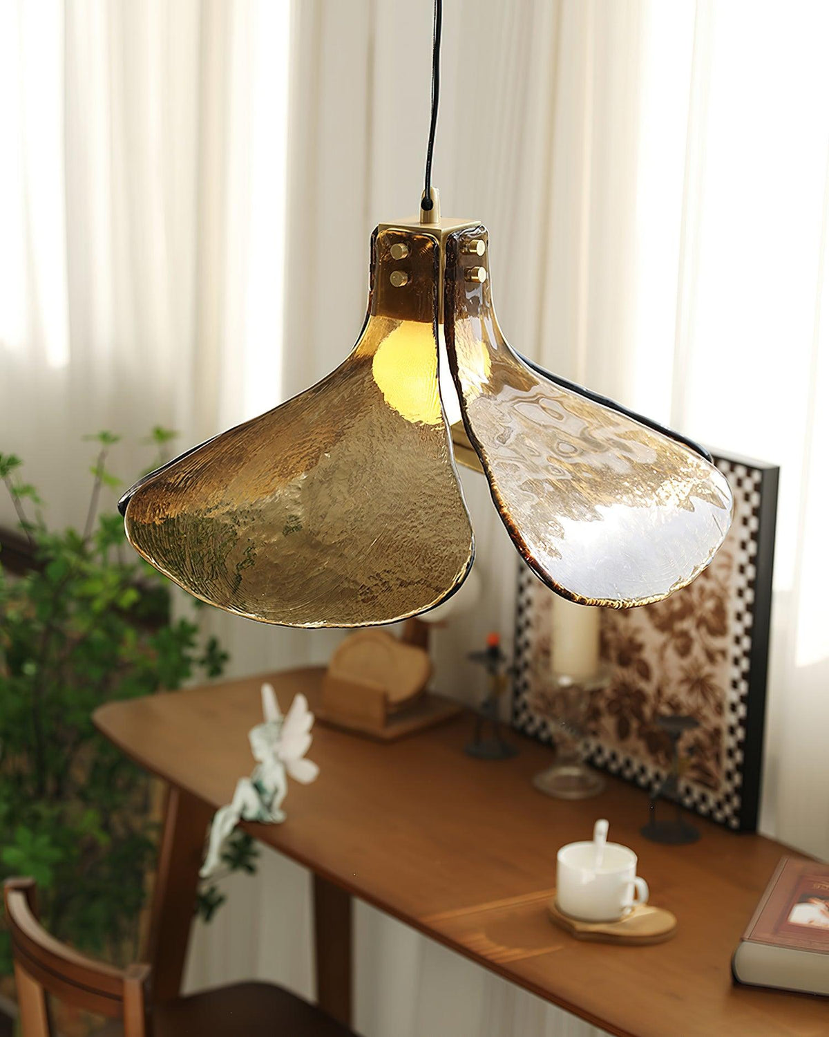 Glass Leaf Ceiling Fixture E27 Bronze Frame Adjustable Drop Cord Ambient Overhead Lighting for Dining Tables Kitchen Counter Modern Home