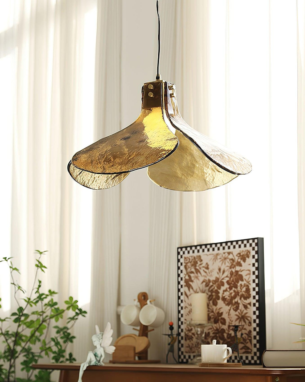Glass Leaf Ceiling Fixture E27 Bronze Frame Adjustable Drop Cord Ambient Overhead Lighting for Dining Tables Kitchen Counter Modern Home
