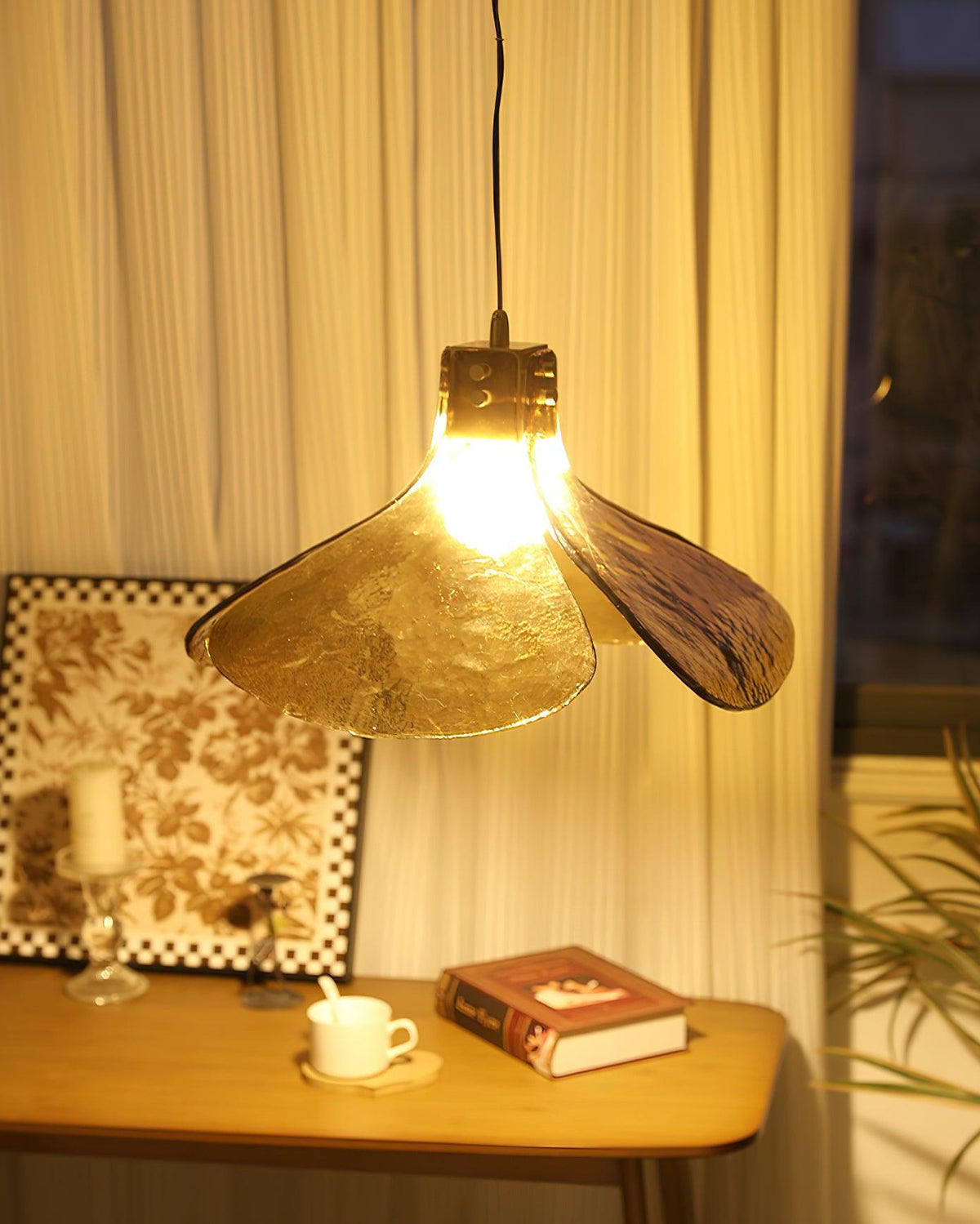 Glass Leaf Ceiling Fixture E27 Bronze Frame Adjustable Drop Cord Ambient Overhead Lighting for Dining Tables Kitchen Counter Modern Home
