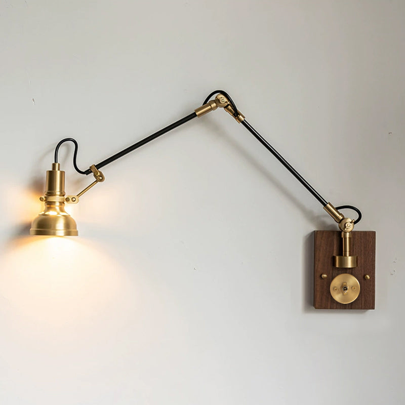 Articulating Wall Sconce Brass & Wood 27 inch Pivoting Arm Task Light for Bedside Reading Office Study Workspace