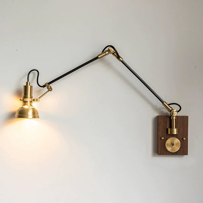 Articulating Wall Sconce Brass & Wood 27 inch Pivoting Arm Task Light for Bedside Reading Office Study Workspace