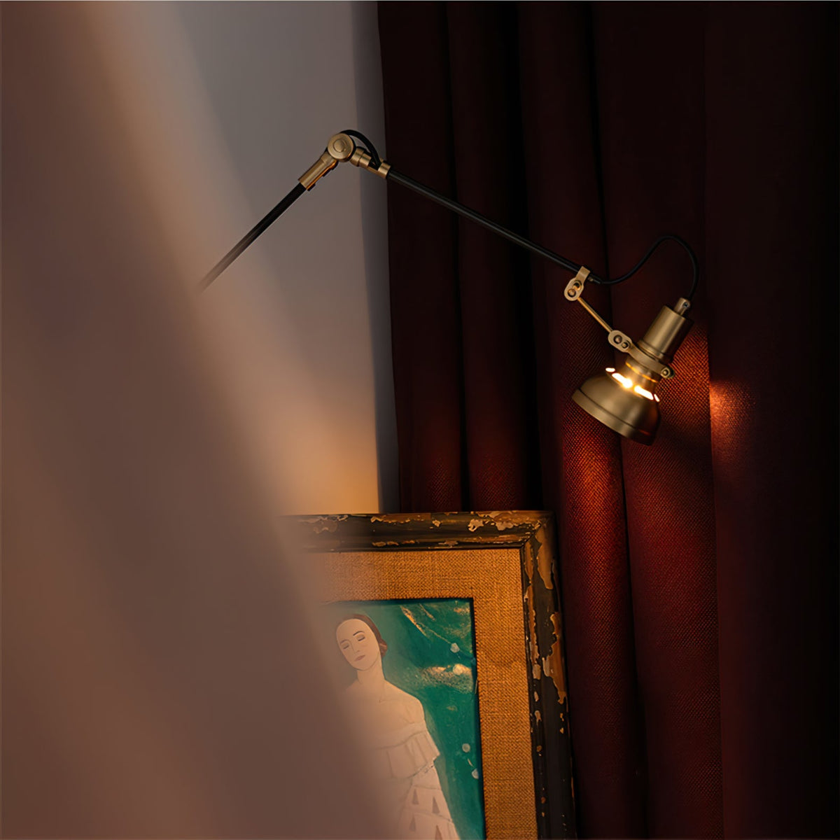 Articulating Wall Sconce Brass & Wood 27 inch Pivoting Arm Task Light for Bedside Reading Office Study Workspace