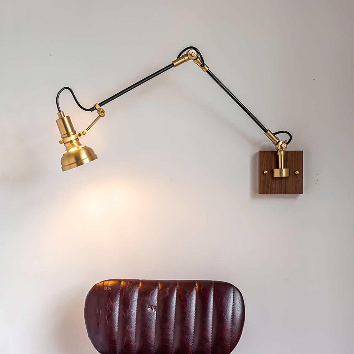 Articulating Wall Sconce Brass & Wood 27 inch Pivoting Arm Task Light for Bedside Reading Office Study Workspace