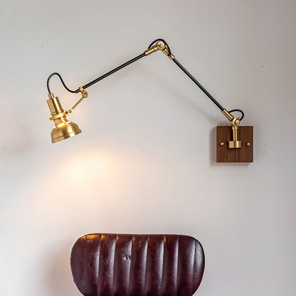 Articulating Wall Sconce Brass & Wood 27 inch Pivoting Arm Task Light for Bedside Reading Office Study Workspace