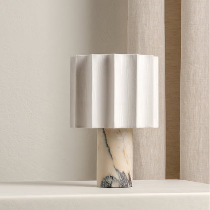 Cordless Marble Accent Lamp with Rechargeable Battery 11-Inch Tall White Beige Fabric Shade LED Desk Light for Bedroom Office Nightstand Por
