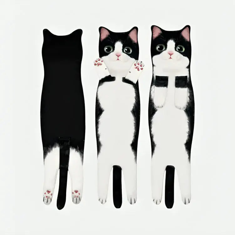 Microfiber Hand Towel with Playful Cat Design & Paw Loop Hanging Tabs for Kitchen & Bathroom
