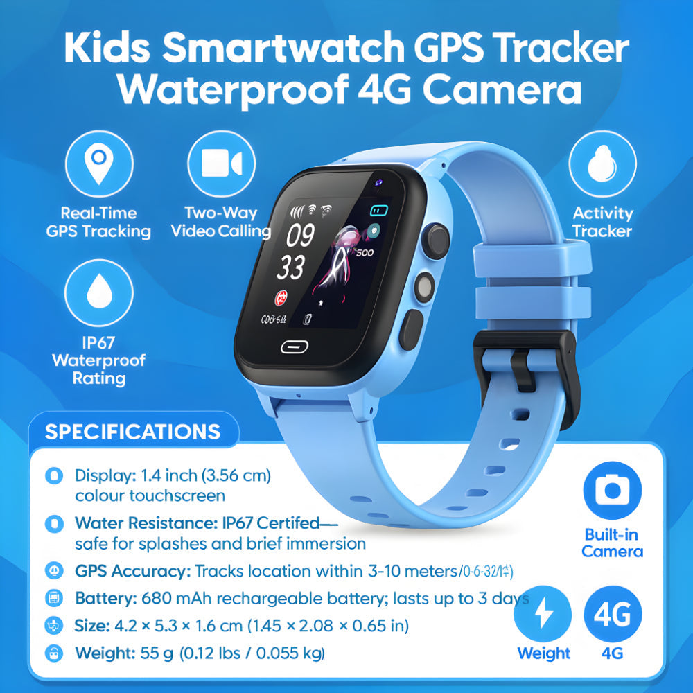 Kids Smartwatch | 4G GPS Tracker with Waterproof Design & Camera | Real-Time Location Updates for Active Play