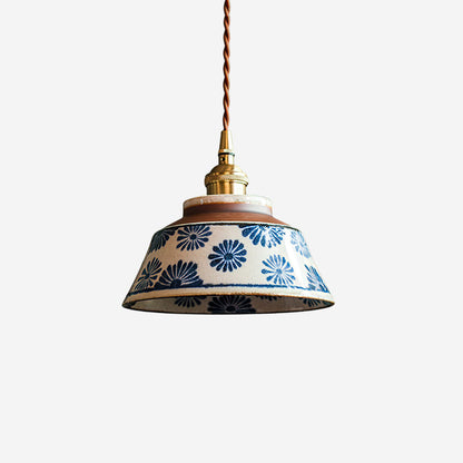 Handcrafted Ceramic Hanging Light with Floral Pattern 7 Inch Adjustable Overhead Fixture for Kitchen Island Dining Table Breakfast Nook Bras