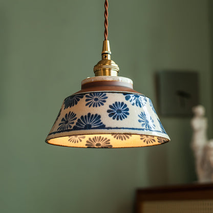 Handcrafted Ceramic Hanging Light with Floral Pattern 7 Inch Adjustable Overhead Fixture for Kitchen Island Dining Table Breakfast Nook Bras
