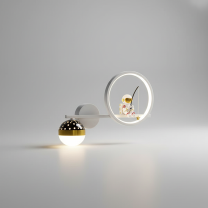 LED Kids Wall Sconce Astronaut Moon Star Night Light Gold White Metal Space Nursery Bedroom Decorative Fixture Boys Girls Reading Corner Pla