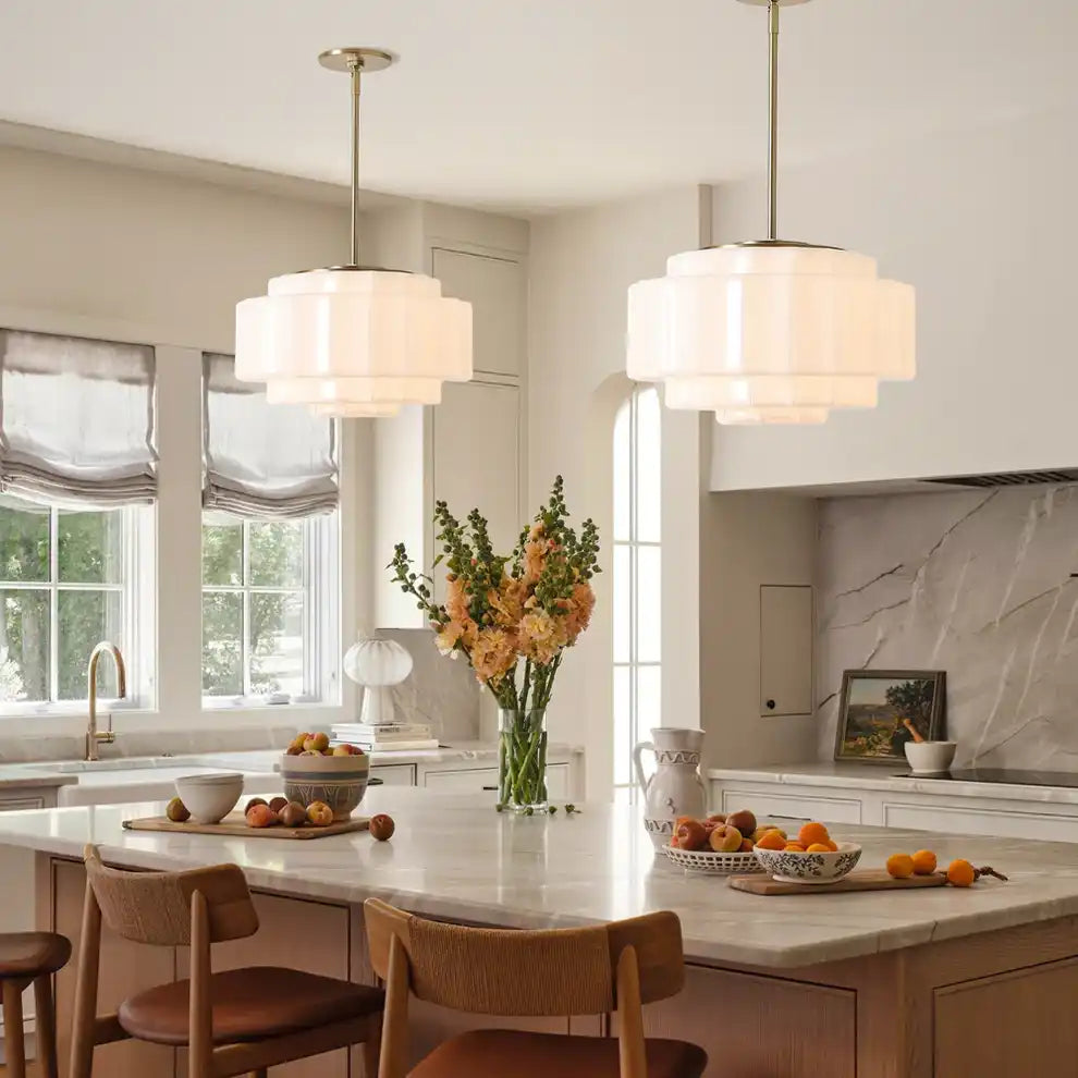 Opal Glass Hanging Light Fixture 16 in Warm Brass Finish Adjustable Ceiling Lamp for Kitchen Island Entryway Bedroom