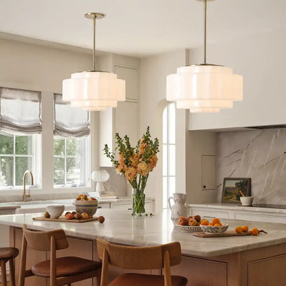 Opal Glass Hanging Light Fixture 16 in Warm Brass Finish Adjustable Ceiling Lamp for Kitchen Island Entryway Bedroom