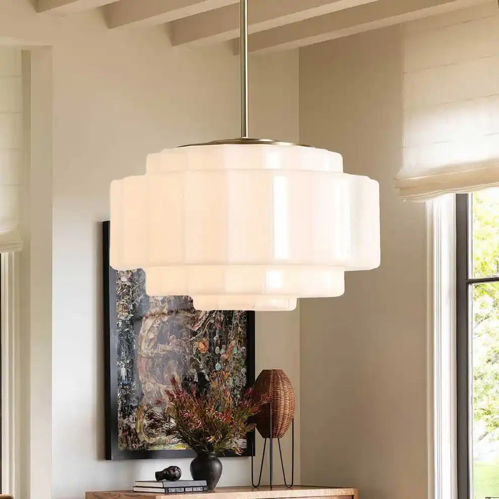 Opal Glass Hanging Light Fixture 16 in Warm Brass Finish Adjustable Ceiling Lamp for Kitchen Island Entryway Bedroom