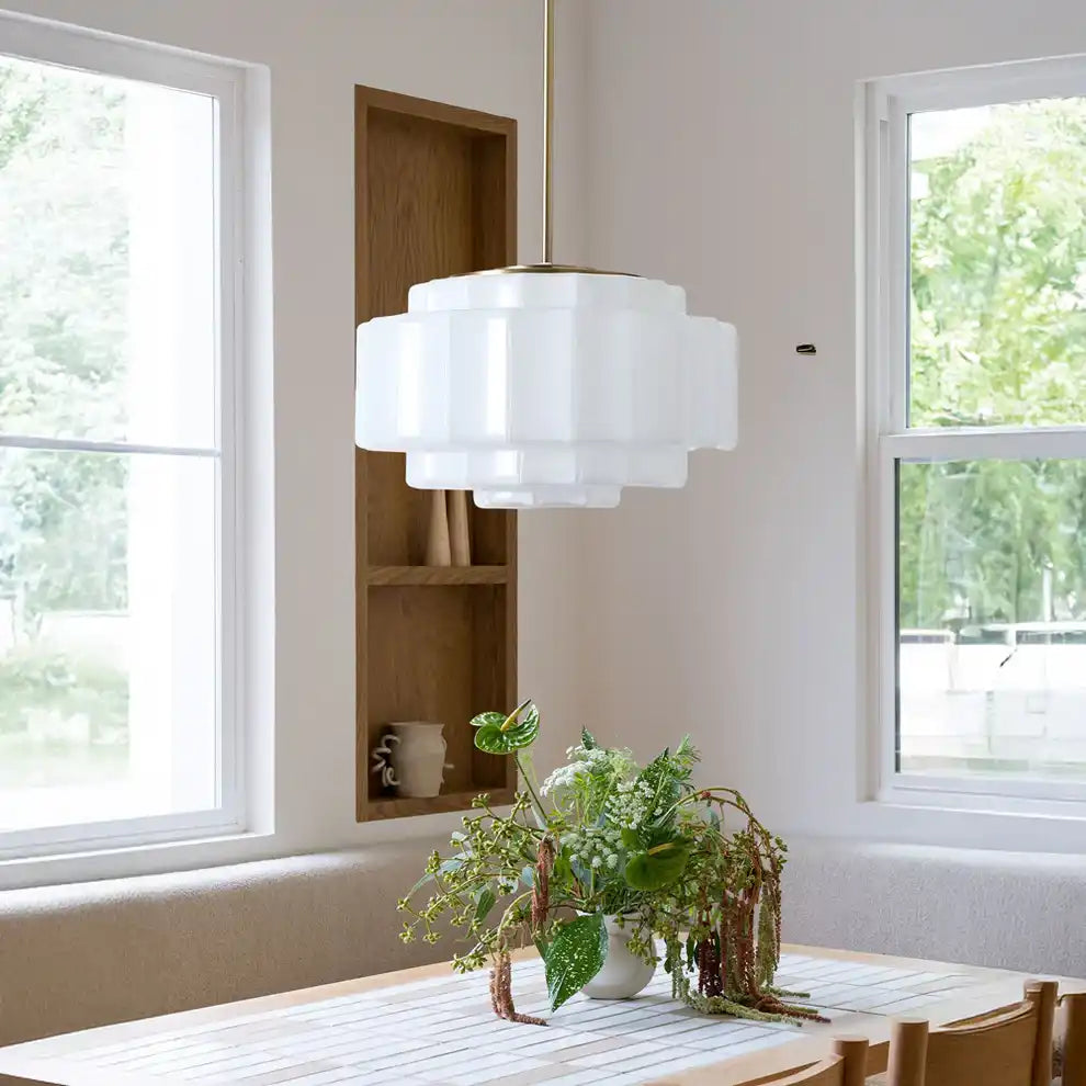 Opal Glass Hanging Light Fixture 16 in Warm Brass Finish Adjustable Ceiling Lamp for Kitchen Island Entryway Bedroom