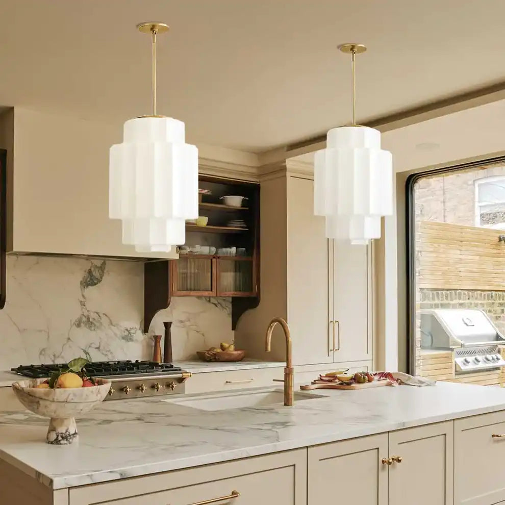 Opal Glass Hanging Light Fixture 16 in Warm Brass Finish Adjustable Ceiling Lamp for Kitchen Island Entryway Bedroom
