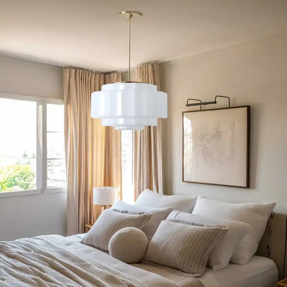 Opal Glass Hanging Light Fixture 16 in Warm Brass Finish Adjustable Ceiling Lamp for Kitchen Island Entryway Bedroom