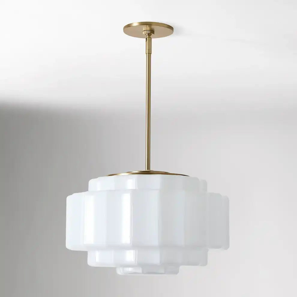 Opal Glass Hanging Light Fixture 16 in Warm Brass Finish Adjustable Ceiling Lamp for Kitchen Island Entryway Bedroom