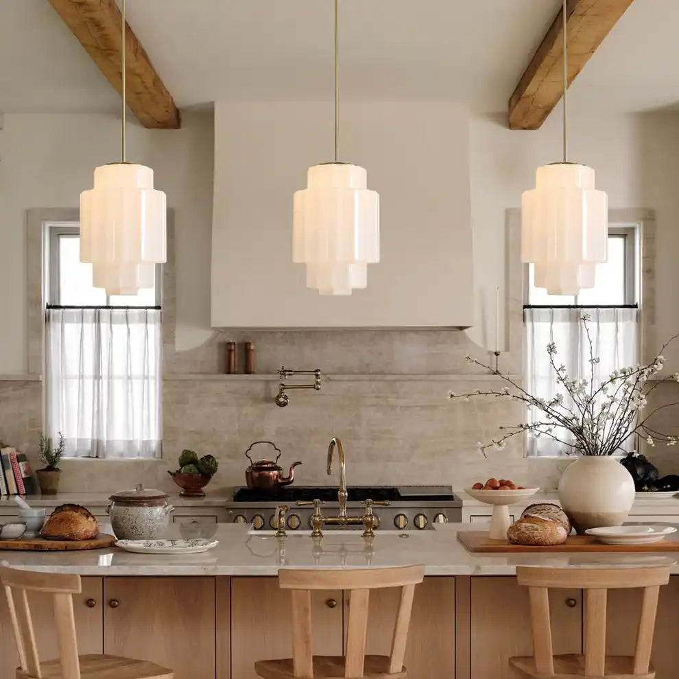 Opal Glass Hanging Light Fixture 16 in Warm Brass Finish Adjustable Ceiling Lamp for Kitchen Island Entryway Bedroom
