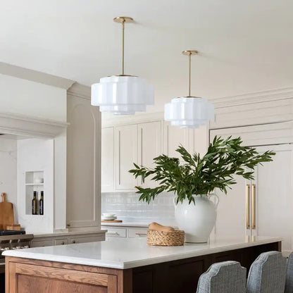 Opal Glass Hanging Light Fixture 16 in Warm Brass Finish Adjustable Ceiling Lamp for Kitchen Island Entryway Bedroom