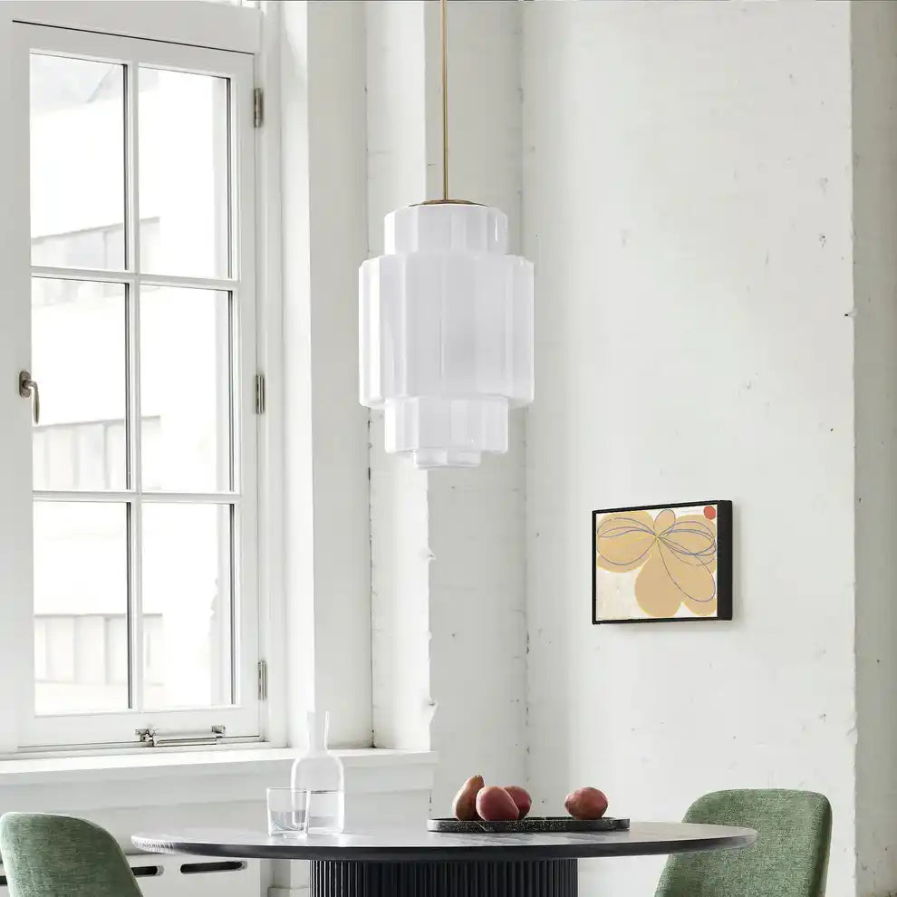 Opal Glass Hanging Light Fixture 16 in Warm Brass Finish Adjustable Ceiling Lamp for Kitchen Island Entryway Bedroom