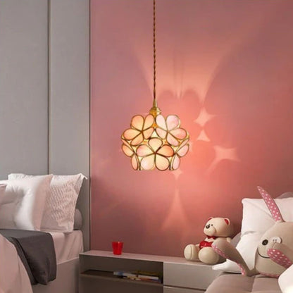 Floral Glass Hanging Light Fixture with Adjustable 59-Inch Cord E27 Socket Gold Brass Frame for Kitchen Table Bedroom Living Room Vintage-St