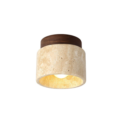 Natural Stone Flush Mount Light with Wooden Accent E26 Base for Bedroom Entryway Living Space Low-Profile Fixture Ambient Overhead Lighting