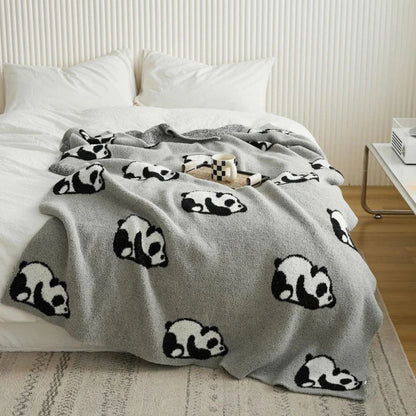 Kora Panda Throw Blanket - Cotton Jacquard Knit, Cozy Panda Design