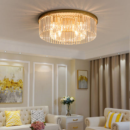 Close-to-Ceiling Crystal Chandelier 16-Inch Flush Mount with 4 Lights for Dining Room Bedroom Living Room Iron Frame Glass Accent Low