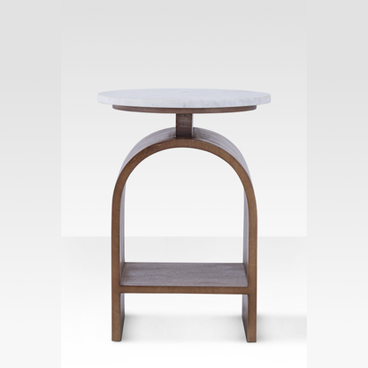 Marble Side Table with Walnut Base – Modern End Table for Living Room, Elegant Design with Integrated Shelf
