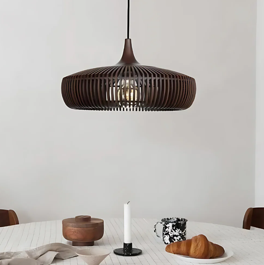 Wooden Hanging Lamp 17 inch Natural Grain Open Frame for Kitchen Island Dining Table Warm Ambient Ceiling Fixture Modern Minimalist