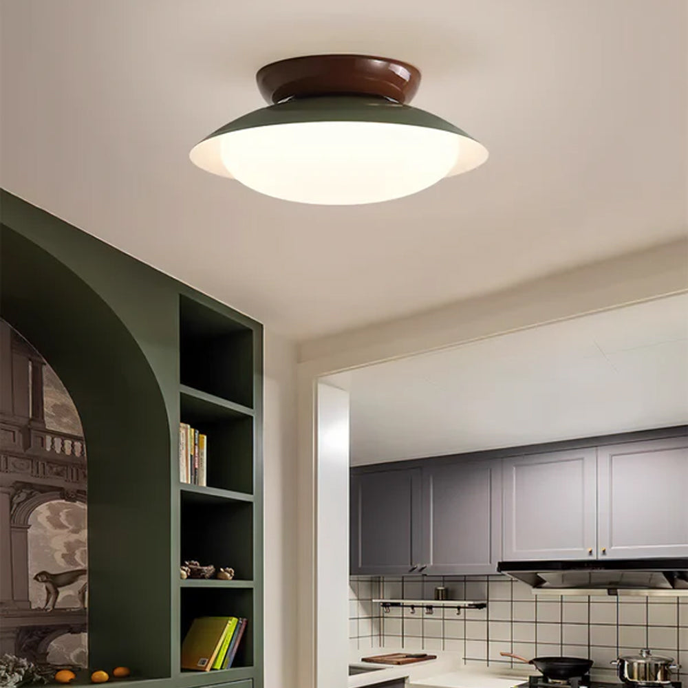 Flush Mount LED Fixture Metal Shell 18-Inch Green Brown Finish for Bedroom Living Room Dining Room Hallway Modern Retro Ambience Lighting