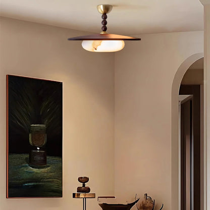 Wood Flush Mount LED Ceiling Light 14 Inch Round with Alabaster Diffuser for Bedroom Hallway Living Room Modern Brass Accent Fixture Warm Am