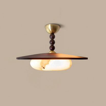 Wood Flush Mount LED Ceiling Light 14 Inch Round with Alabaster Diffuser for Bedroom Hallway Living Room Modern Brass Accent Fixture Warm Am
