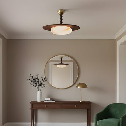 Wood Flush Mount LED Ceiling Light 14 Inch Round with Alabaster Diffuser for Bedroom Hallway Living Room Modern Brass Accent Fixture Warm Am