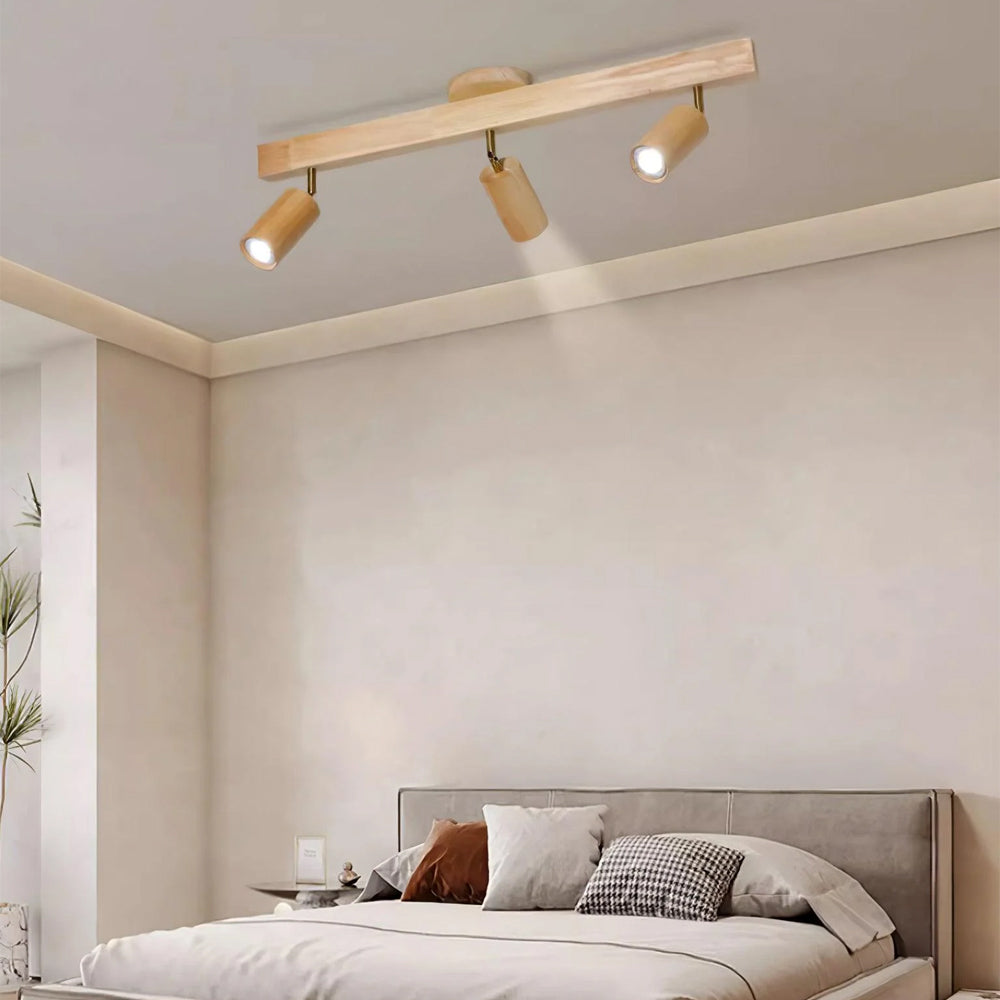 Wooden LED Track Lighting Fixture Natural Finish Adjustable Spots Ceiling Wall Mount Rail Light 7 to 47 Inch Modern Linear Spotlight Bar Din