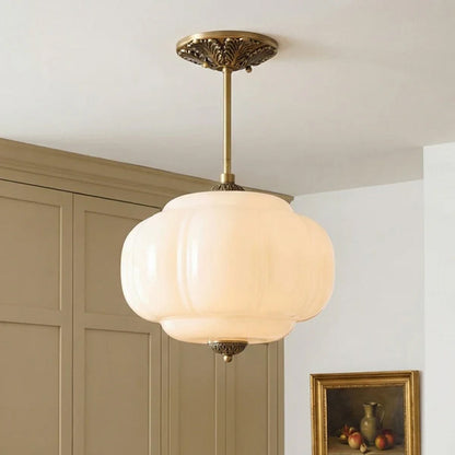 Ribbed Glass Globe Hanging Fixture with Warm Amber Tone & Antique Brass Hardware for Dining Room Kitchen Entry