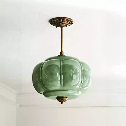 Ribbed Glass Globe Hanging Fixture with Warm Amber Tone & Antique Brass Hardware for Dining Room Kitchen Entry
