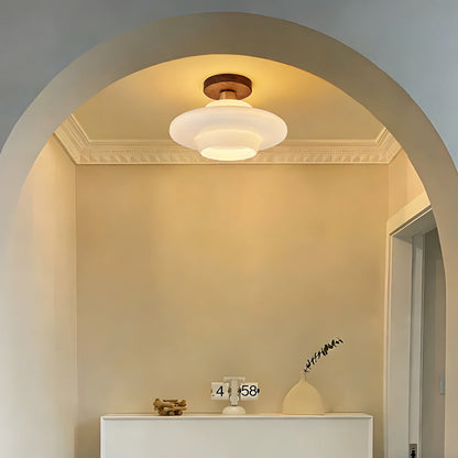 Flush Mount Wood & Glass Ceiling Light 13 in Copper Accent for Entryway Kitchen Hallway Small Rooms Modern Scandinavian LED Fixture