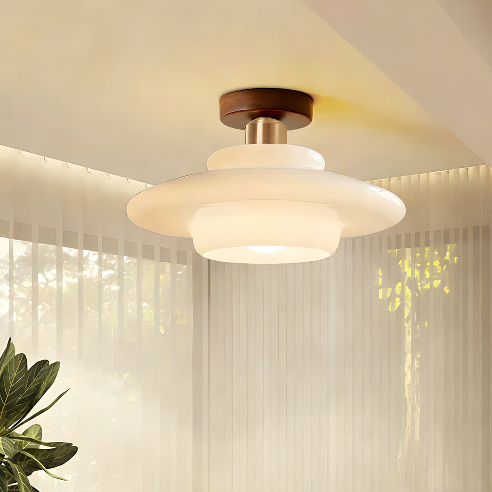 Flush Mount Light Fixture with Real Wood Frame and Clear Glass Dome for Hallway Kitchen Foyer Bedroom Overhead Lighting 12 Inch Round Semi-F