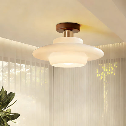 Flush Mount Glass Ceiling Light with Real Wood Trim for Entryway Kitchen Dining Room | Modern Farmhouse Entry Lighting Fixture 12 Inch Warm