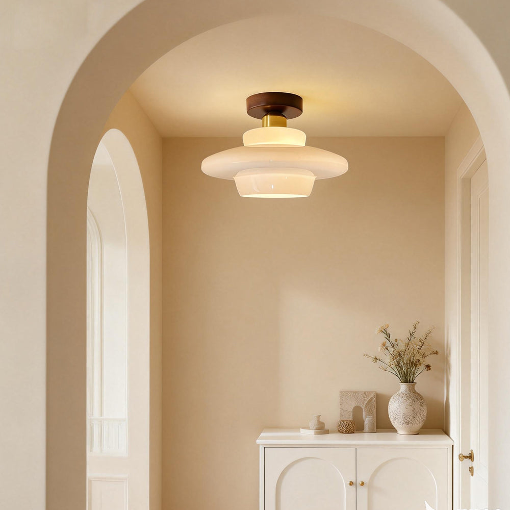 Flush Mount Light Fixture with Real Wood Frame and Clear Glass Dome for Hallway Kitchen Foyer Bedroom Overhead Lighting 12 Inch Round Semi-F