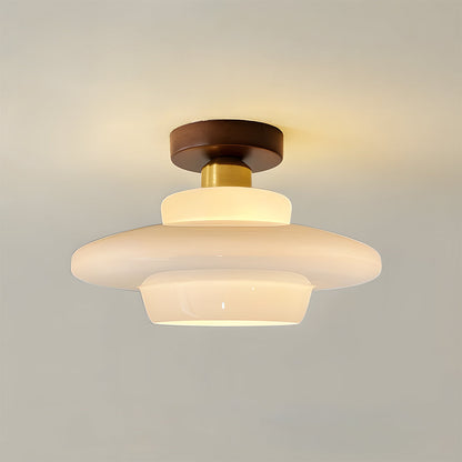 Flush Mount Wood & Glass Ceiling Light 13 in Copper Accent for Entryway Kitchen Hallway Small Rooms Modern Scandinavian LED Fixture