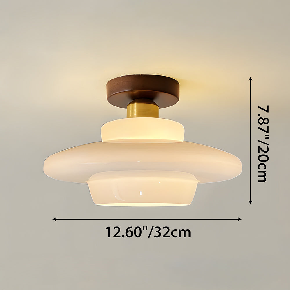 Flush Mount Wood & Glass Ceiling Light 13 in Copper Accent for Entryway Kitchen Hallway Small Rooms Modern Scandinavian LED Fixture