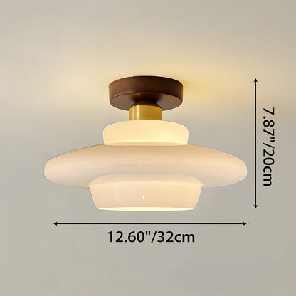 Flush Mount Wood & Glass Ceiling Light 13 in Copper Accent for Entryway Kitchen Hallway Small Rooms Modern Scandinavian LED Fixture