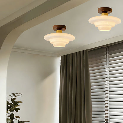 Flush Mount Wood & Glass Ceiling Light 13 in Copper Accent for Entryway Kitchen Hallway Small Rooms Modern Scandinavian LED Fixture