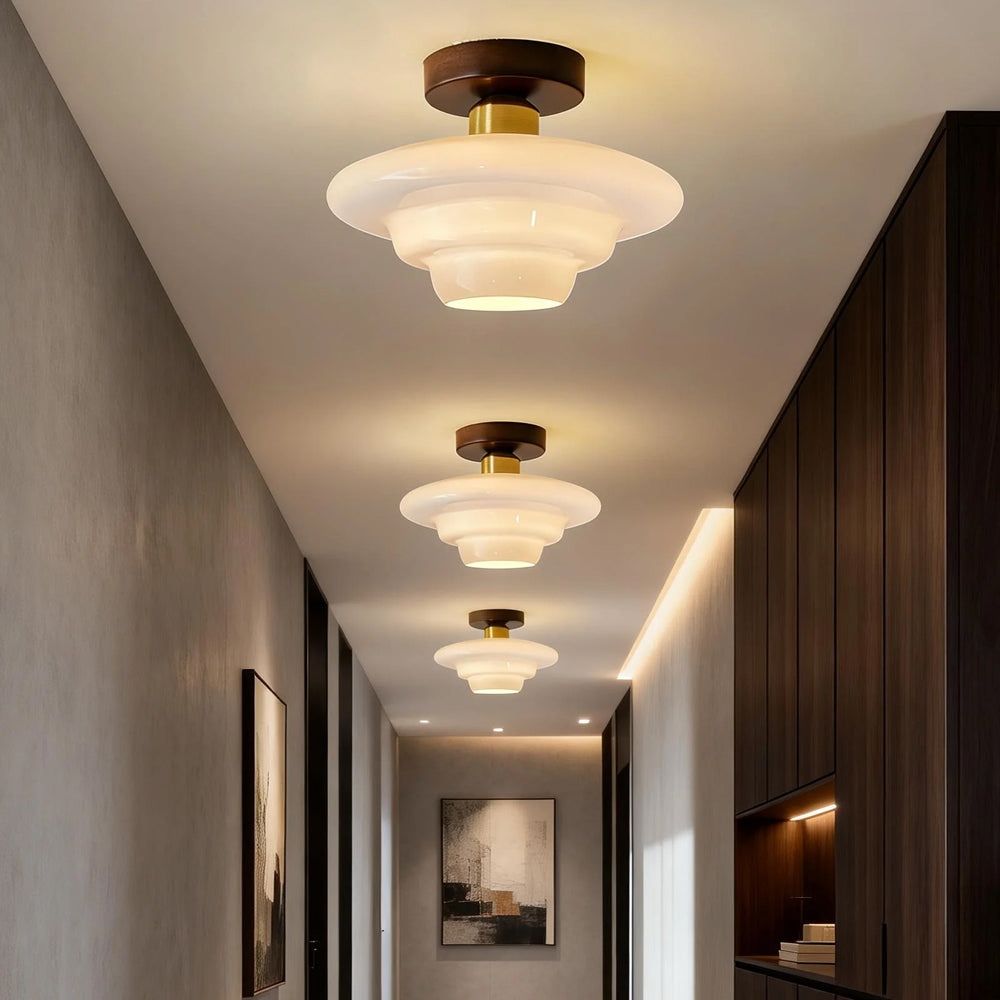 Flush Mount Light Fixture with Real Wood Frame and Clear Glass Dome for Hallway Kitchen Foyer Bedroom Overhead Lighting 12 Inch Round Semi-F