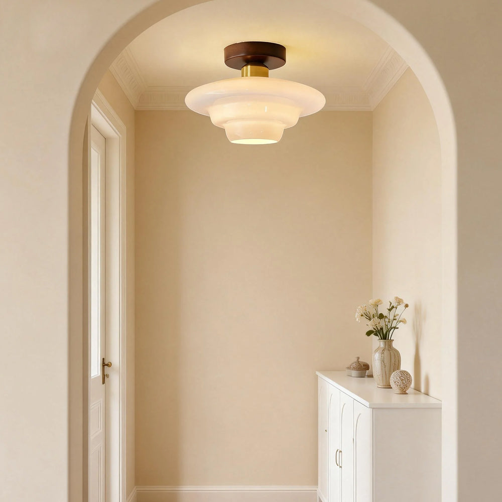 Flush Mount Light Fixture with Real Wood Frame and Clear Glass Dome for Hallway Kitchen Foyer Bedroom Overhead Lighting 12 Inch Round Semi-F
