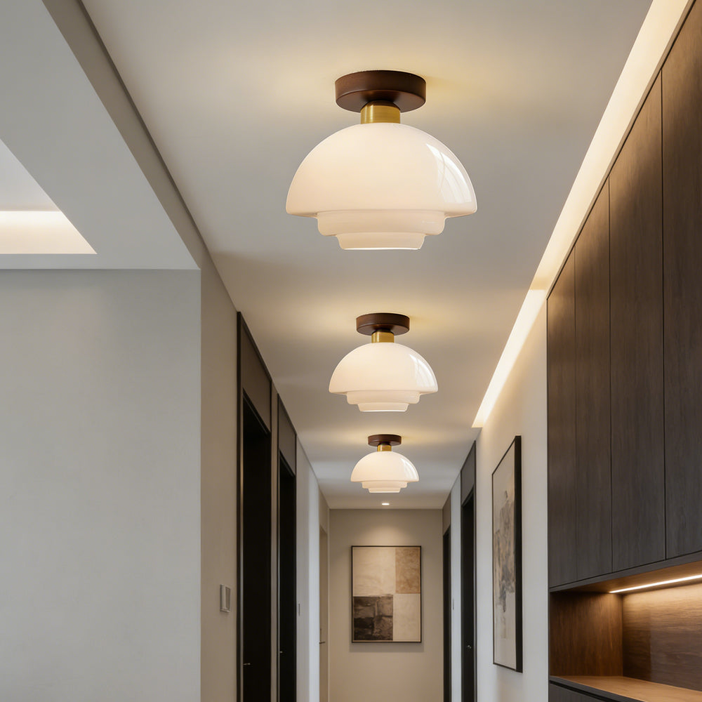 Flush Mount Wood & Glass Ceiling Light 13 in Copper Accent for Entryway Kitchen Hallway Small Rooms Modern Scandinavian LED Fixture