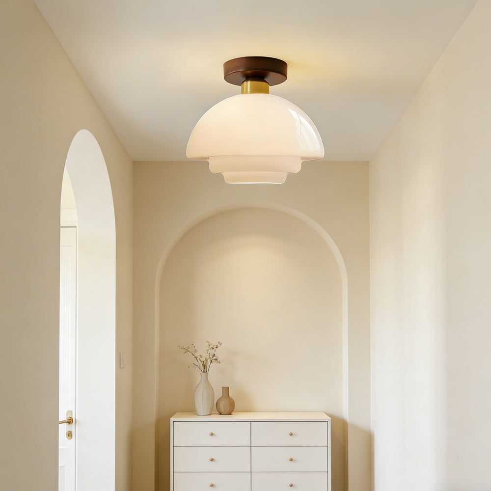Flush Mount Glass Ceiling Light with Real Wood Trim for Entryway Kitchen Dining Room | Modern Farmhouse Entry Lighting Fixture 12 Inch Warm