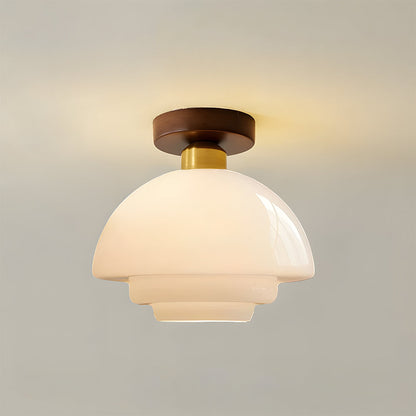 Flush Mount Glass Ceiling Light with Real Wood Trim for Entryway Kitchen Dining Room | Modern Farmhouse Entry Lighting Fixture 12 Inch Warm